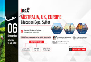 Students attending IECC’s Australia, UK & Europe Education Expo 2025 at The Grand Palace, Sylhet — meeting university representatives and learning about scholarships, study options, and visa opportunities abroad.