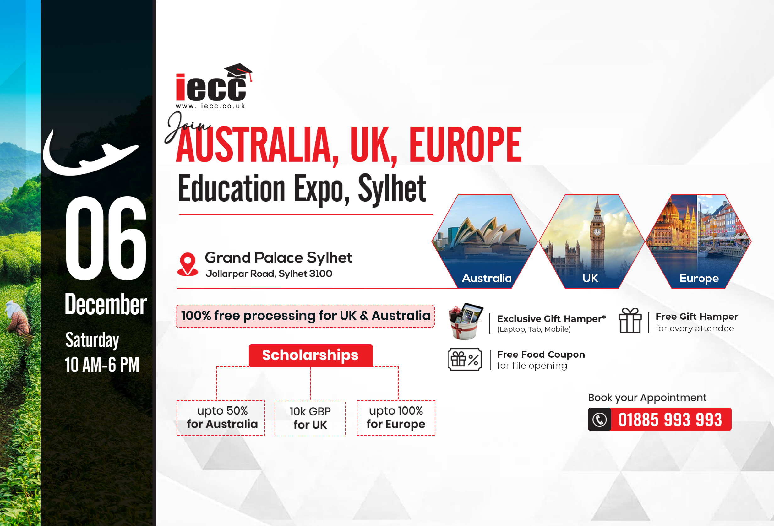 Students attending IECC’s Australia, UK & Europe Education Expo 2025 at The Grand Palace, Sylhet — meeting university representatives and learning about scholarships, study options, and visa opportunities abroad.