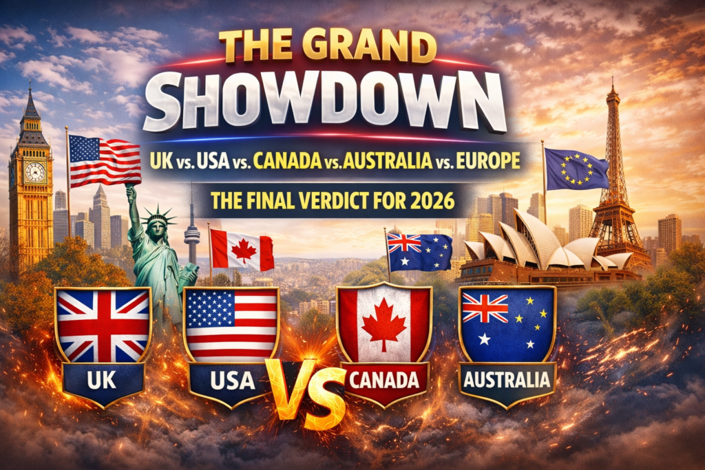 Study abroad comparison chart showing UK vs USA vs Canada vs Australia vs Europe for Bangladeshi students in 2026, comparing tuition costs, visa difficulty, part-time work, and PR opportunities.