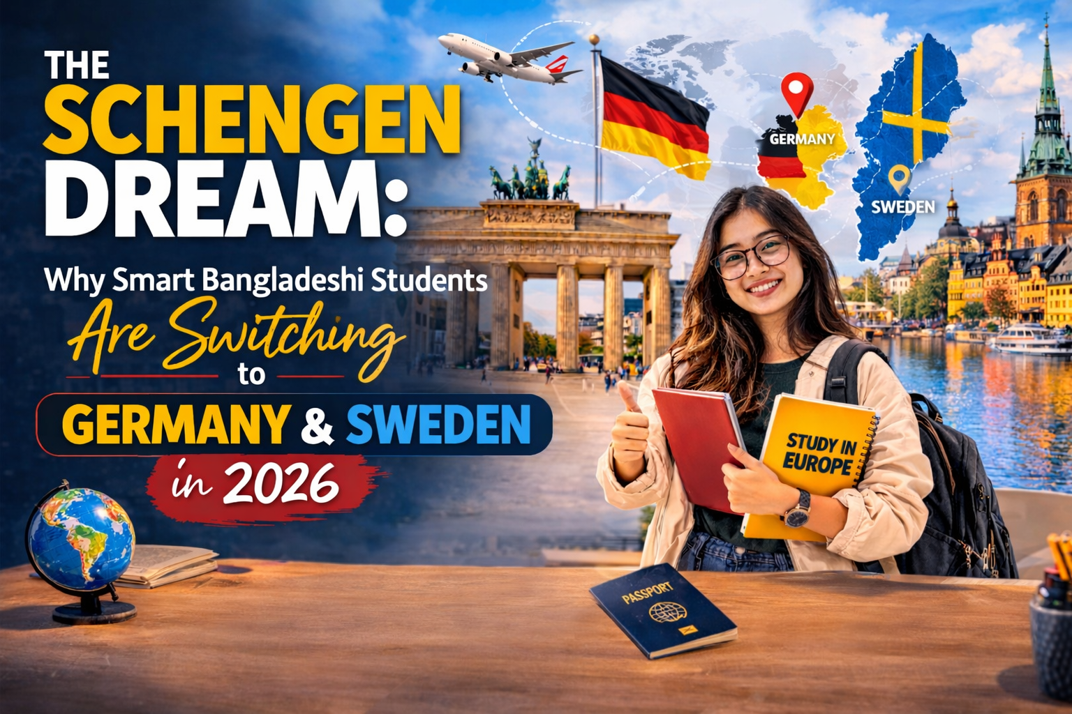 Germany and Sweden study abroad guide for Bangladeshi students in 2026 showing benefits of the Schengen student visa, free tuition in Germany, spouse visa options in Sweden, and opportunities for education and careers in Europe.