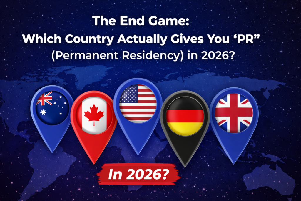 Infographic showing comparison of permanent residency pathways in 2026 for Canada, Australia, UK, USA, and Germany for international students.